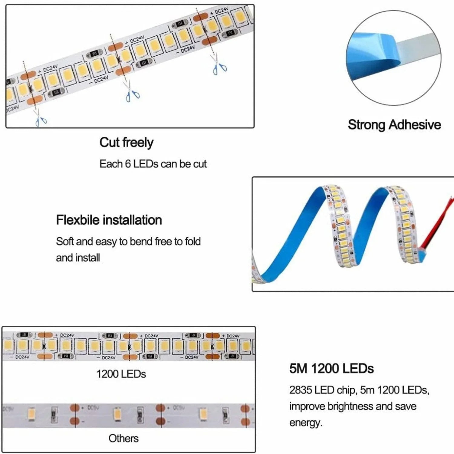 Cool White LED Strip Light 6000K 12V 240 LEDs/m 1200 LEDs IP20 Waterproof 5 Metre Strip - ATOM LED