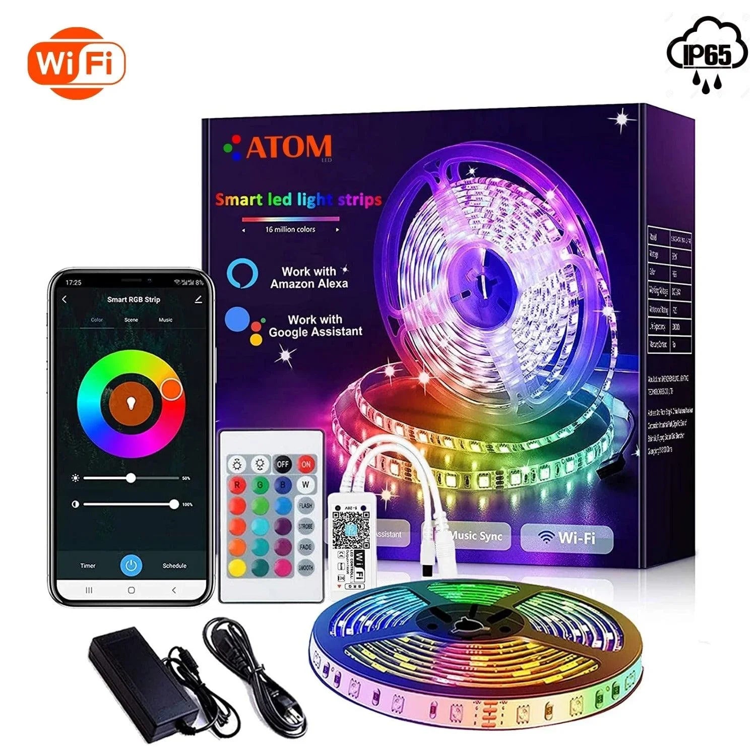 RGB LED Strip 12V WiFi Wireless Control IP65 Waterproof 300LEDs 5m Full Kit Work with Alexa and Google Home - ATOM LED
