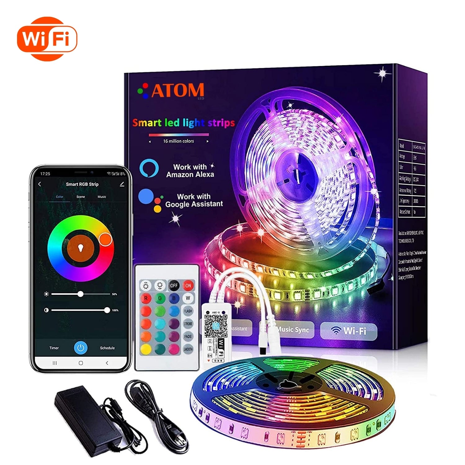 RGB LED Strip 10 Metre (5m+5m) 12V WiFi Wireless Control IP20 Non-Waterproof 300LEDs 10m Full Kit Work with Alexa and Google Home - ATOM LED