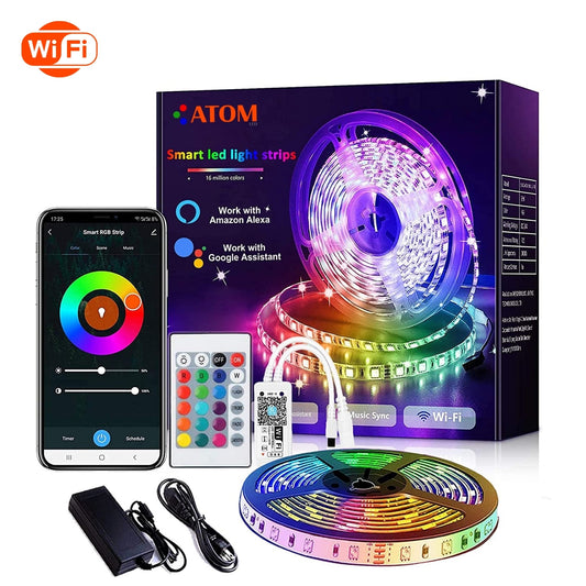 RGB LED Strip 10 Metre (5m+5m) 12V WiFi Wireless Control IP20 Non-Waterproof 300LEDs 10m Full Kit Work with Alexa and Google Home