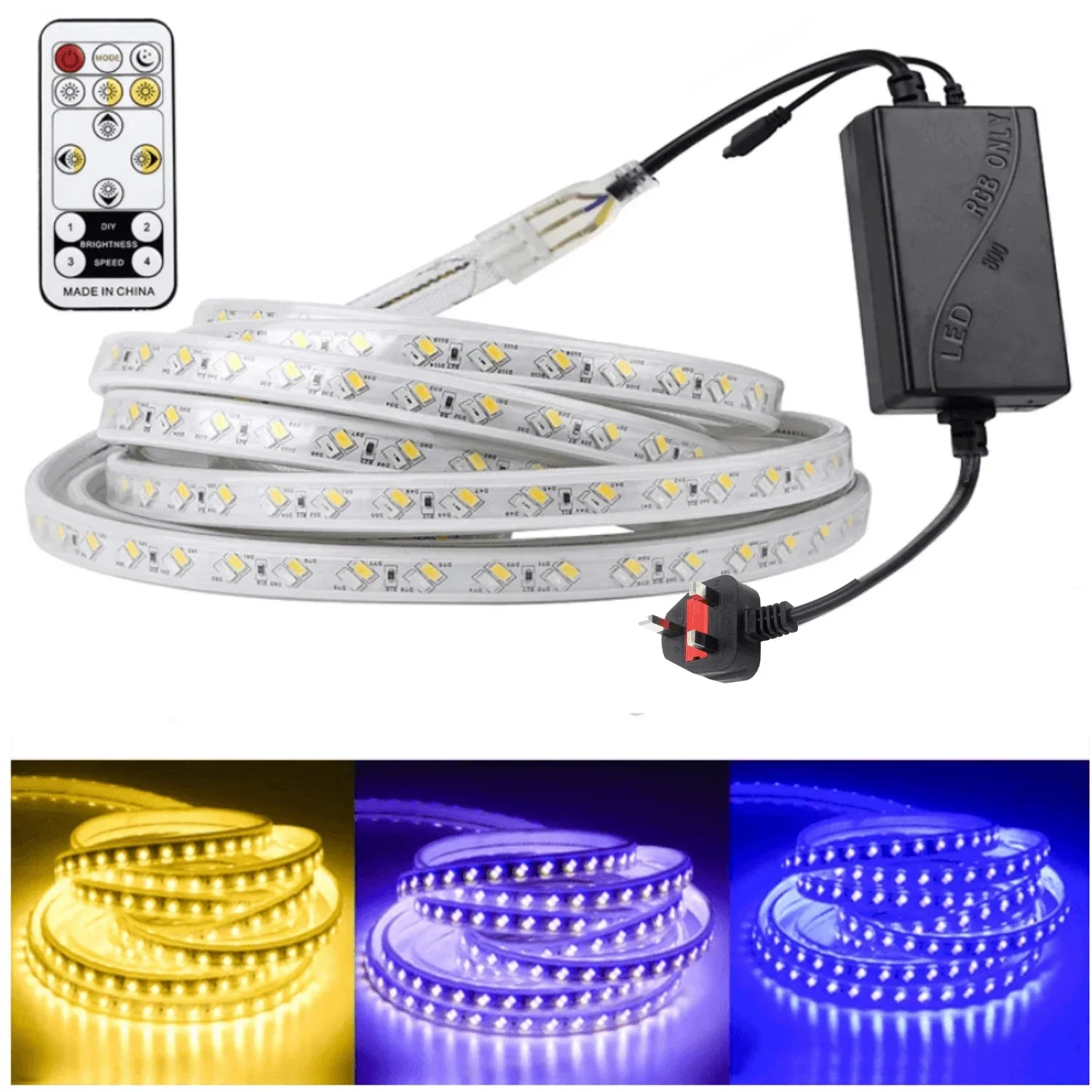 LED Strip Light 220V 240V 5730 Tricolour Warm White, Blue, Purple IP67 Waterproof 120LED/m - ATOM LED