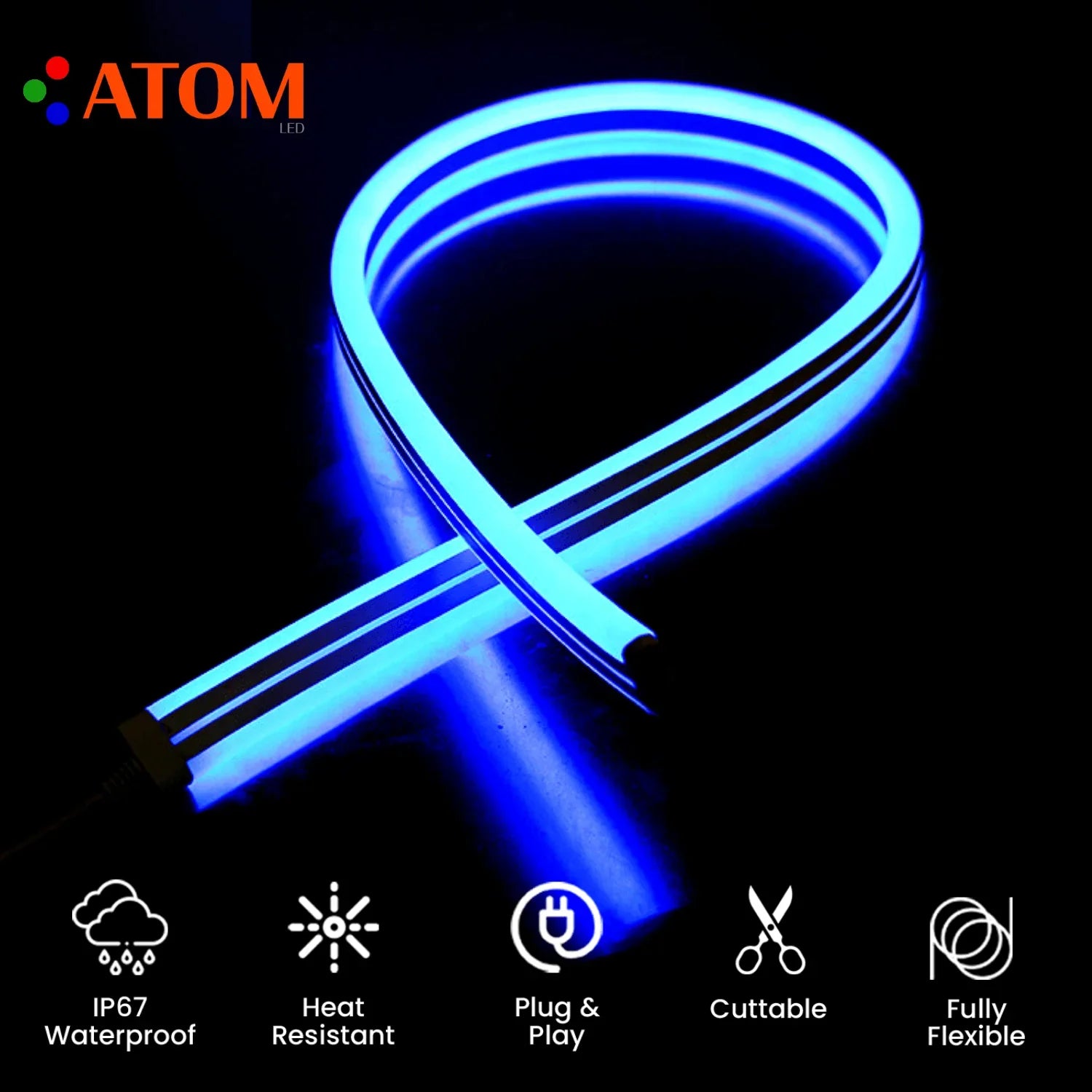 Blue Neon Flex Double Side 220V 240V 120LED/m 8x16mm IP67 Waterproof  Full Kit - ATOM LED