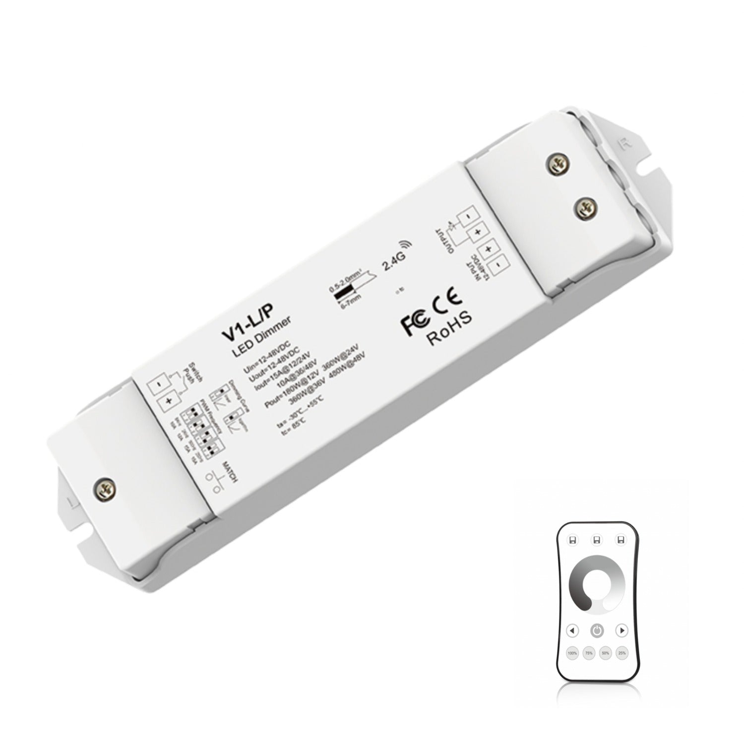 Skydance Single Colour 1CH*15A 12-48VDC CV Controller, Push-Dim V1-L/P with Remote - ATOM LED