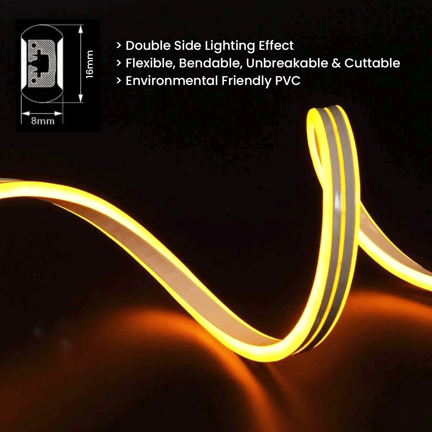 Warm White LED Neon Flex Double Side 220V 240V 120LED/m 8x16mm IP67 Waterproof Full Kit - ATOM LED