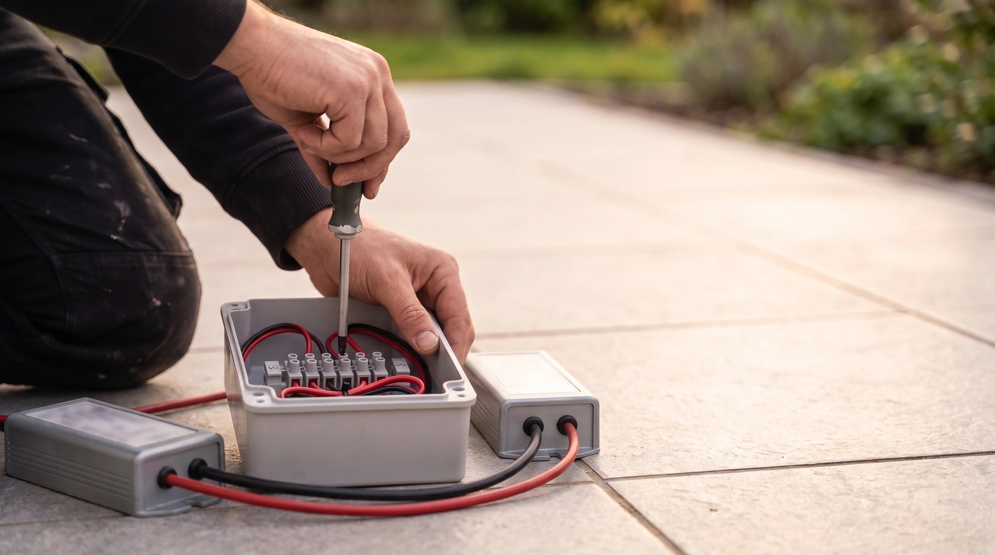 Installer wiring low-voltage tails into an IP67 driver enclosure on garden paving