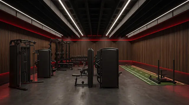 Dark premium strength and HIIT studio with recessed white and red COB LED lighting