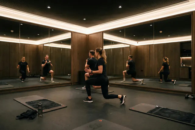 Coach and athletes training in a mirrored gym studio with natural-white COB lighting and matching coving