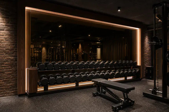Commercial gym mirror zone with diffused COB LED lighting positioned to control reflections