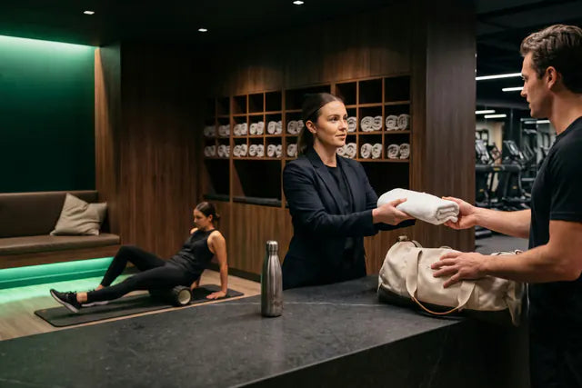 Gym member checking in beside an active recovery area with neutral task light and an emerald COB wash