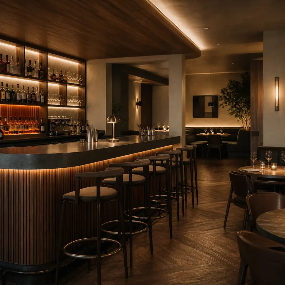 Warm-white linear LED lighting integrated into a refined restaurant and bar interior