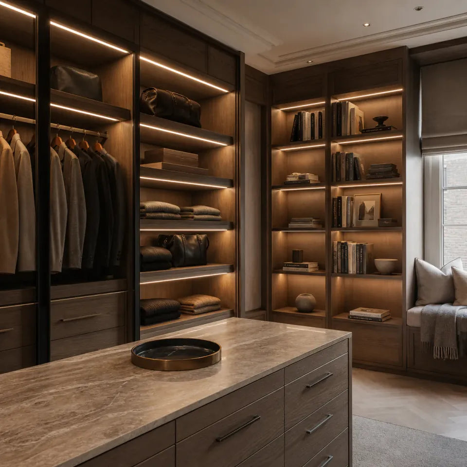 Warm-white LED profile lighting integrated into bespoke fitted joinery and shelving