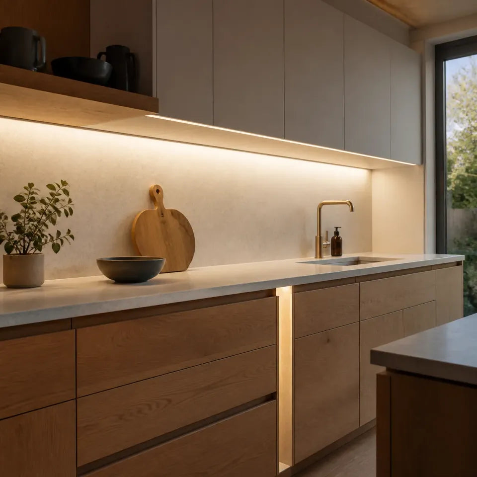 Warm-white linear LED lighting installed beneath cabinets in a modern British kitchen