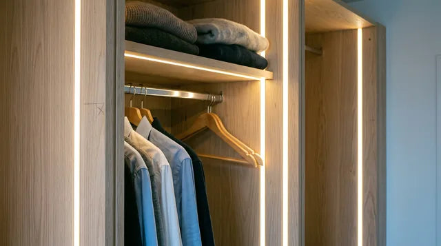 Furniture neon flex recessed into vertical grooves in a fitted wardrobe carcass
