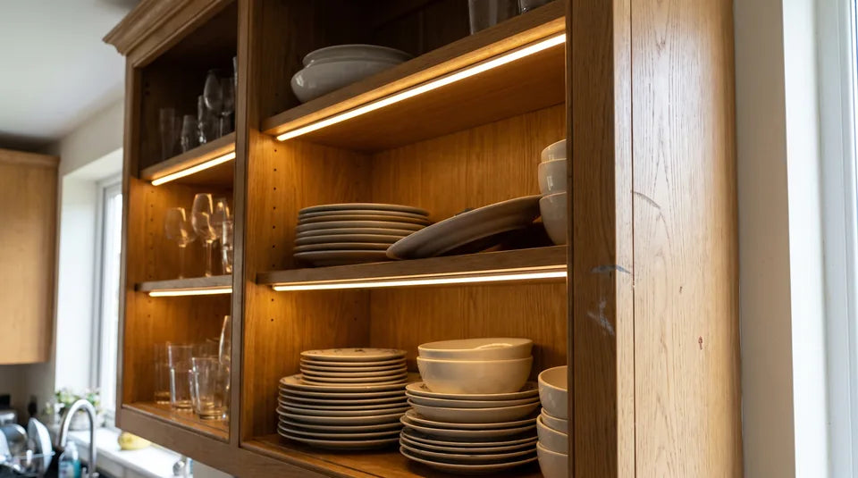Mini LED neon flex recessed flush under each shelf inside a fitted oak cupboard