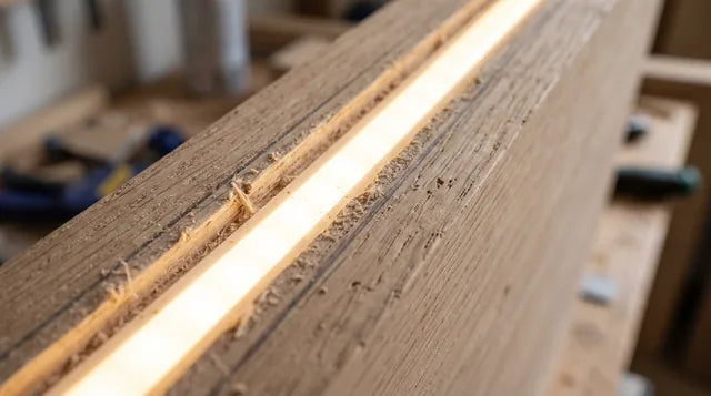 Mini neon flex sitting flush in a 4.2 x 8.5mm routed groove in an oak panel