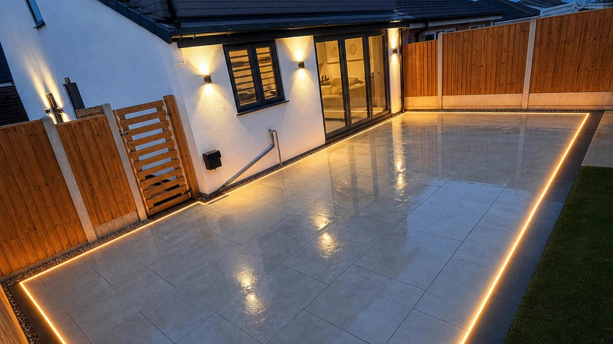 Neon flex set flush into the paving joint around a porcelain patio at dusk