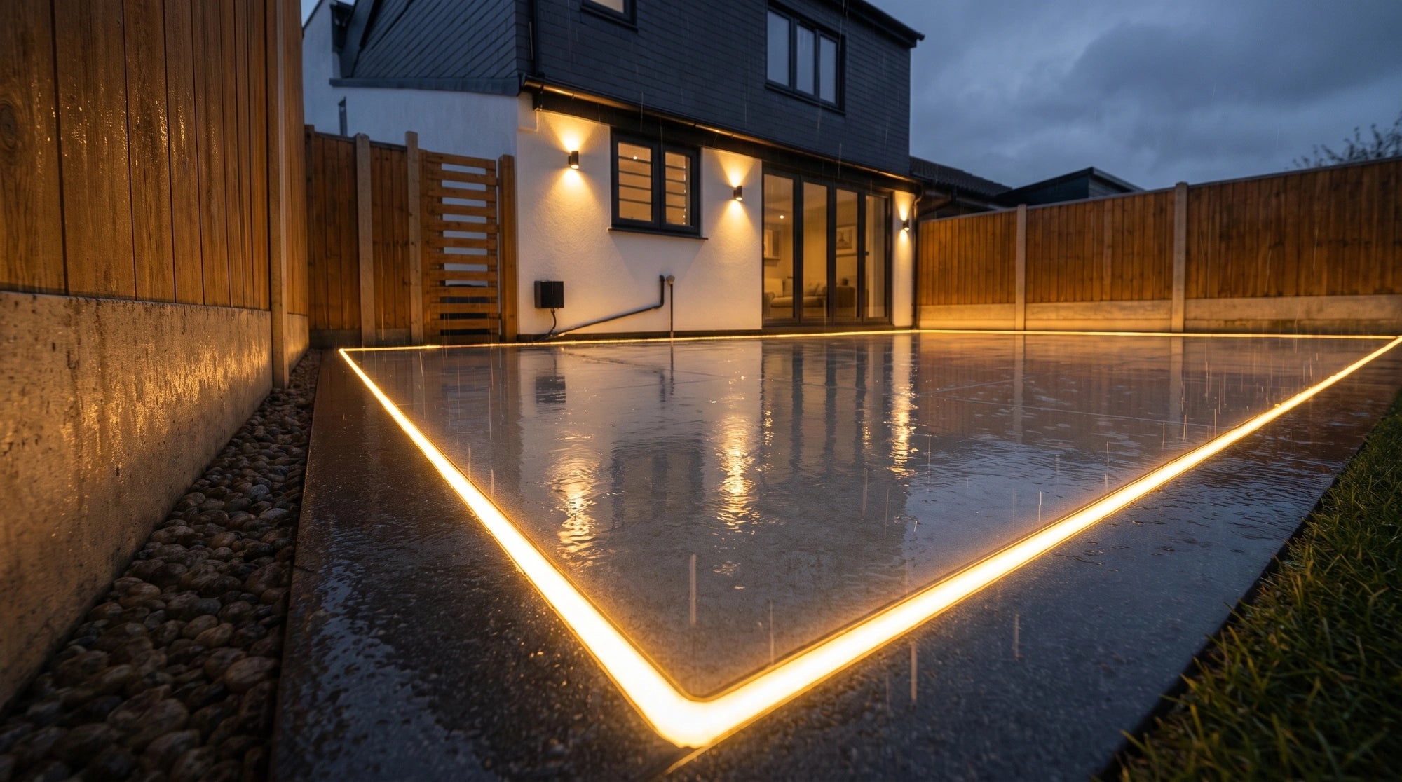 Warm white neon flex still lit and unbroken in the paving joint of a rain-soaked patio at dusk