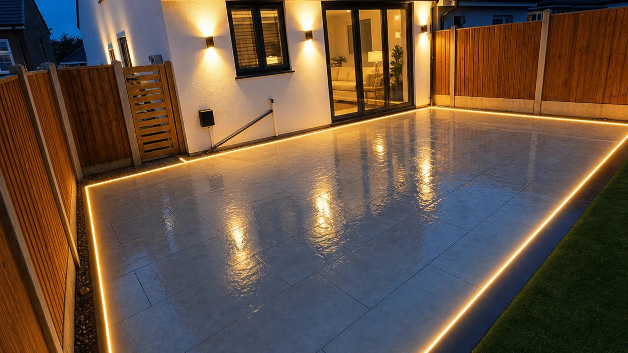 A 31.7 metre perimeter of warm white neon flex running unbroken around a porcelain patio at dusk