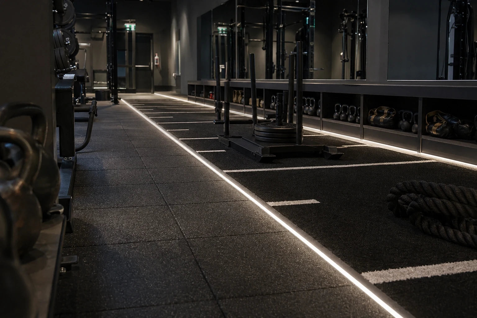 Gym floor with long recessed COB LED strip lighting running along the training lane