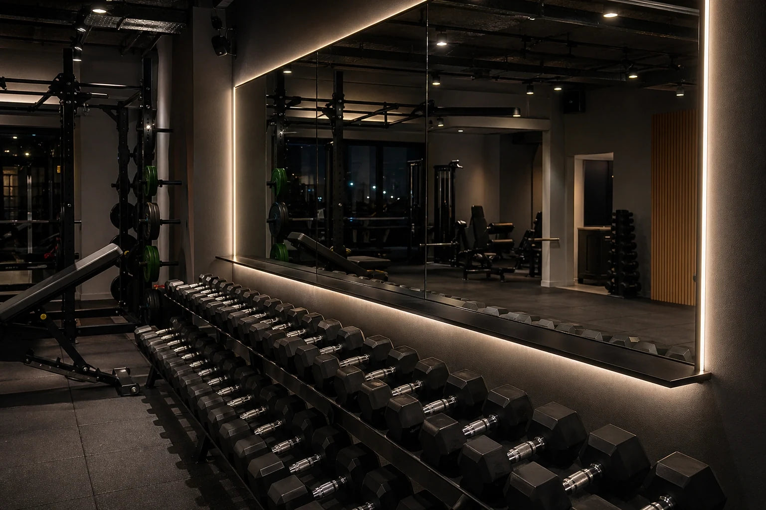 Commercial gym mirror wall with recessed warm white COB LED strip above and below the mirror