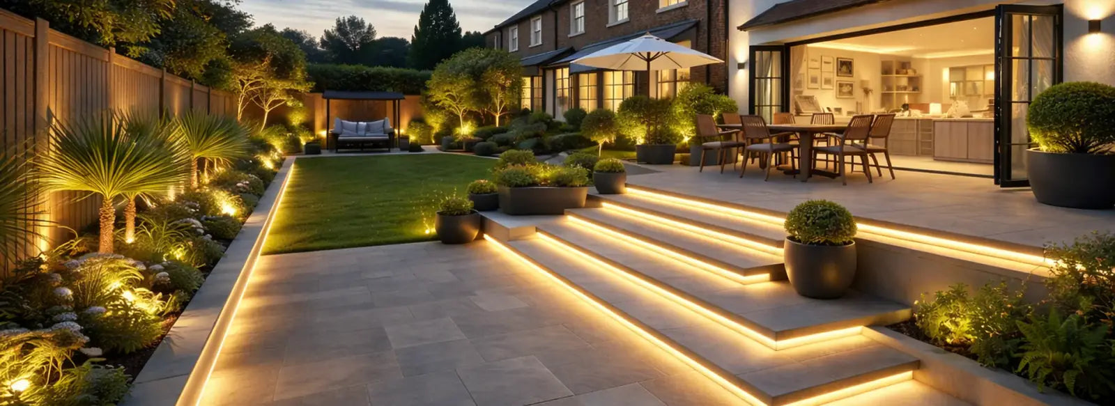 Warm LED strip lighting on outdoor garden steps and landscaping at dusk