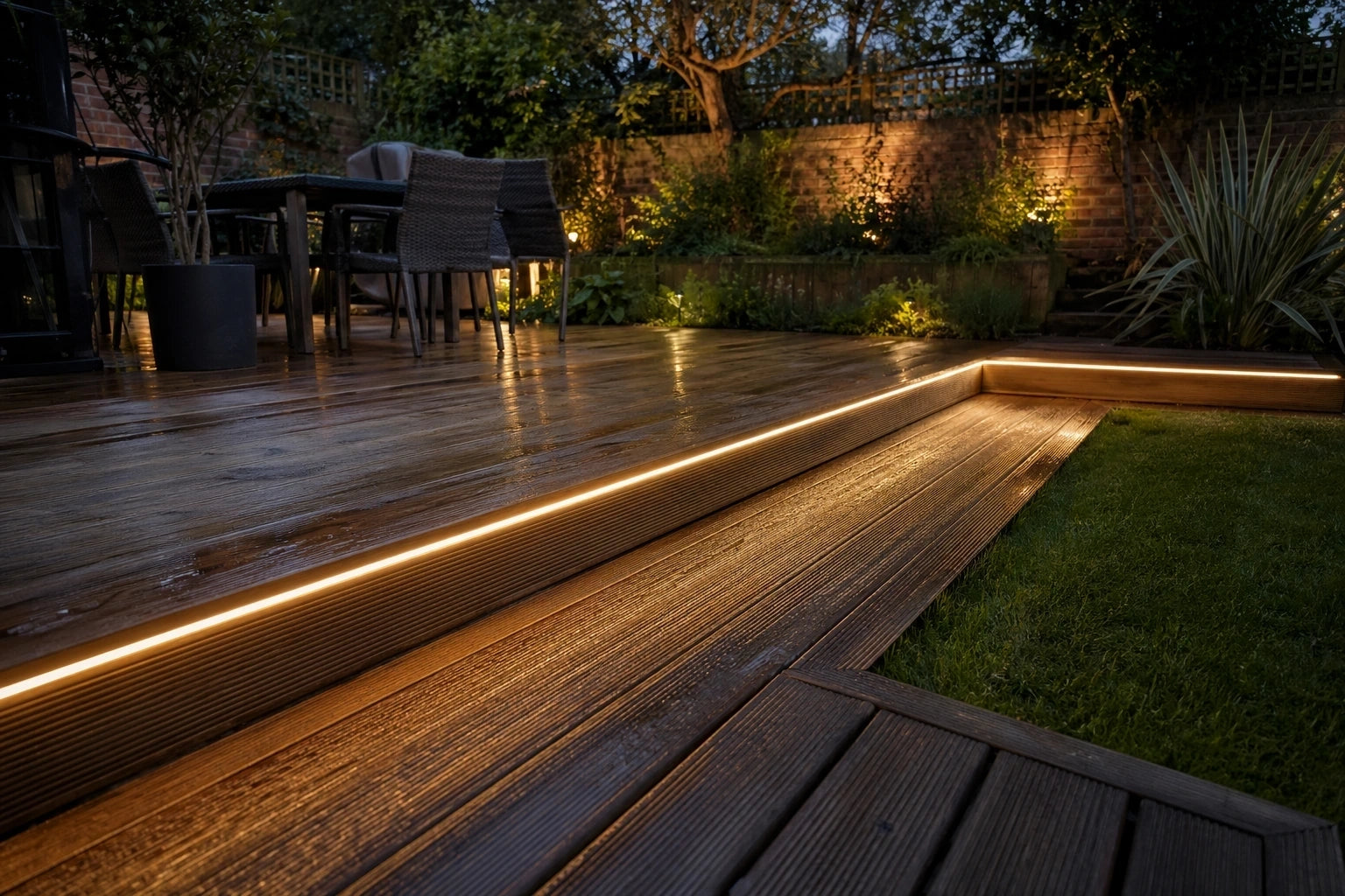 Outdoor decking with warm-white neon flex on step risers