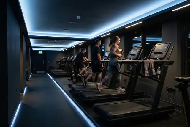Runners using cardio equipment under neutral task lighting and restrained blue COB accents