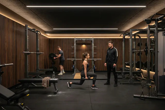 Athletes training in a dark strength gym under neutral-white COB lighting