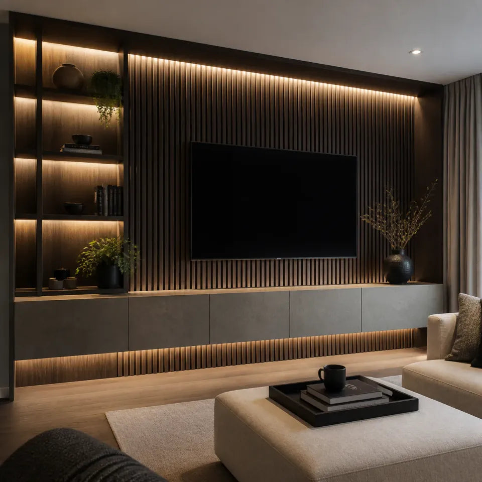 Concealed warm-white LED lighting integrated into a slatted media wall