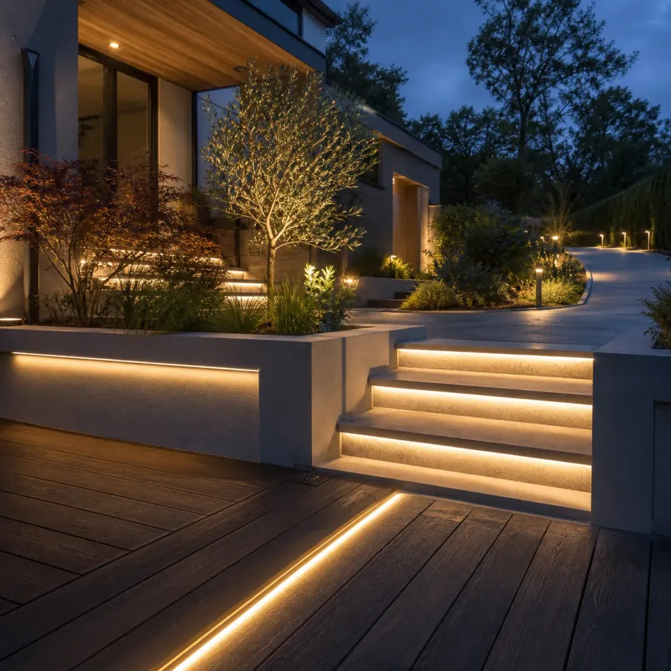 Warm-white waterproof linear LED lighting installed around garden steps and decking