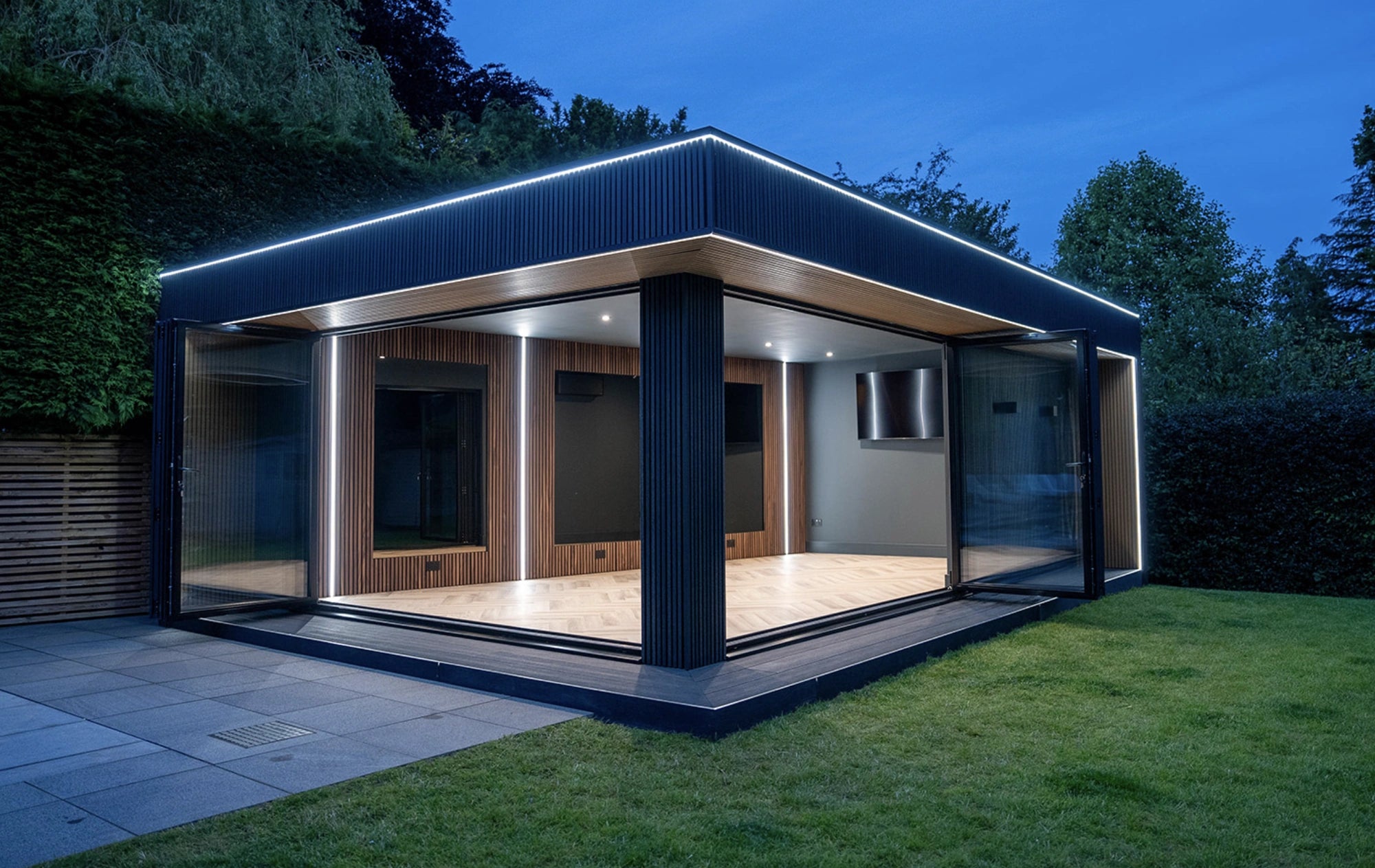 Garden room — IP67 neon flex roofline, warm white COB interior