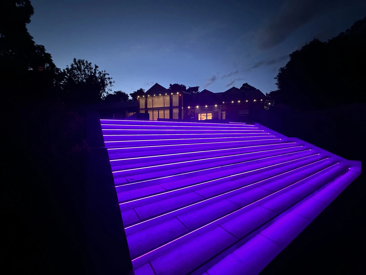 Step risers and pool perimeter at twilight in purple, full-context view of the terrace