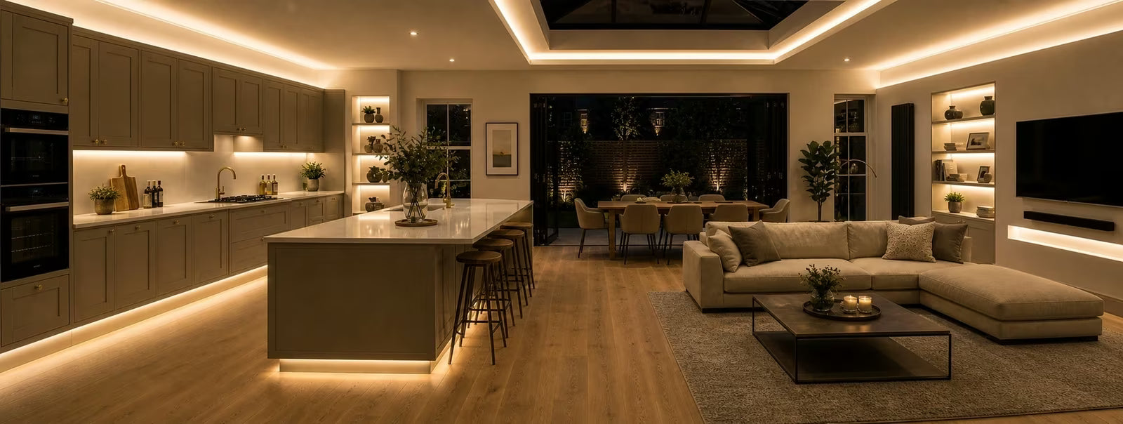 Open-plan kitchen and living room with warm-white COB strip lighting
